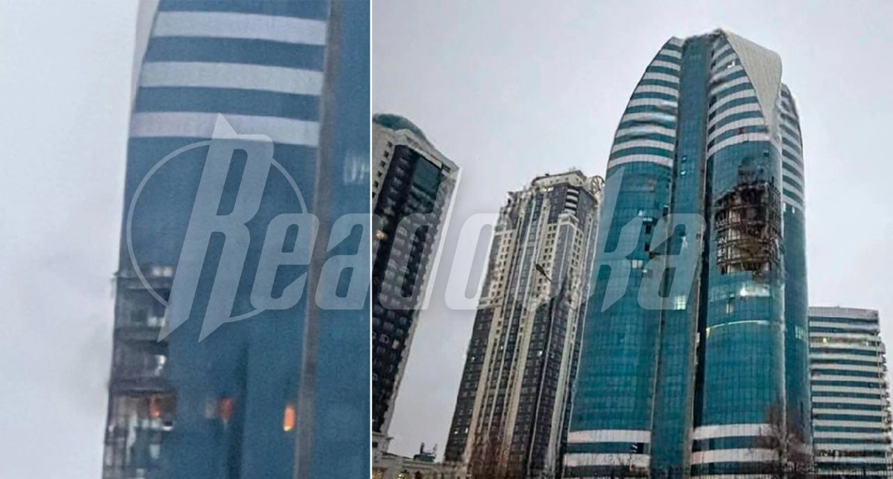 Tòa nhà cao tầng ở Chechnya bị UAV đâm trúng (ảnh: Telegram)