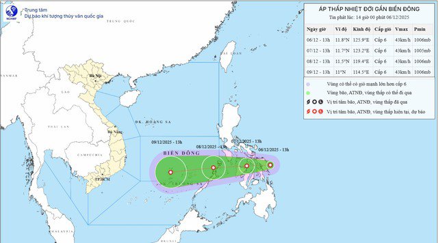 Vị trí áp thấp nhiệt đới lúc chiều ngày 6/12.