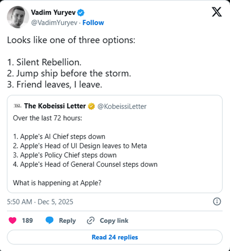 Một bài đăng nói về sự ra đi của tướng lĩnh Apple trên X.