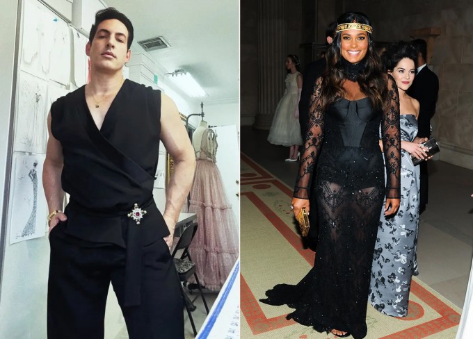 Nhà thiết kế Oscar G. Lopez (trái) và Rachel Roy trong chiếc váy ren Lopez thiết kế ở Met Gala 2014.
