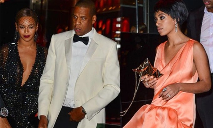 Beyonce, Jay-Z (trái) và Solange Knowles khi bước ra khỏi thang máy sau vụ xô xát.