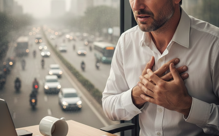 Phơi nhiễm lâu dài với ô nhiễm không khí có thể làm tăng nguy cơ nhồi máu cơ tim - Minh họa AI: THU ANH