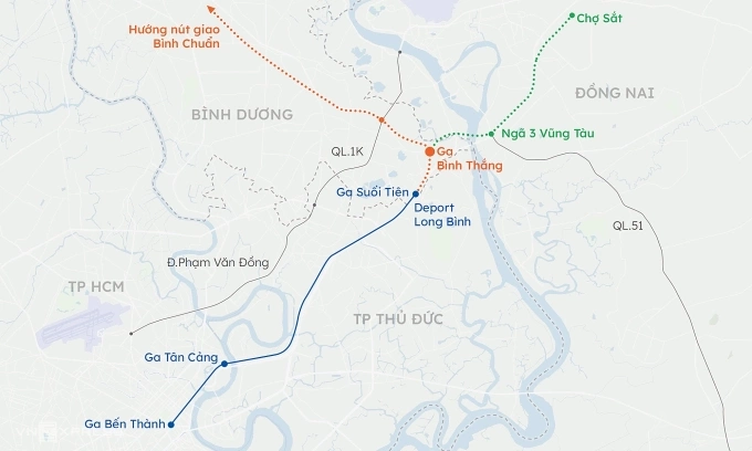 Hướng tuyến dự kiến Metro số 1 chạy tới Đồng Nai và Bình Dương. Đồ hoạ: Khánh Hoàng