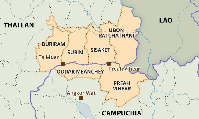 Khu vực tranh chấp biên giới và đền thờ (chấm vuông màu nâu) giữa Campuchia và Thái Lan. Đồ họa: Britannica