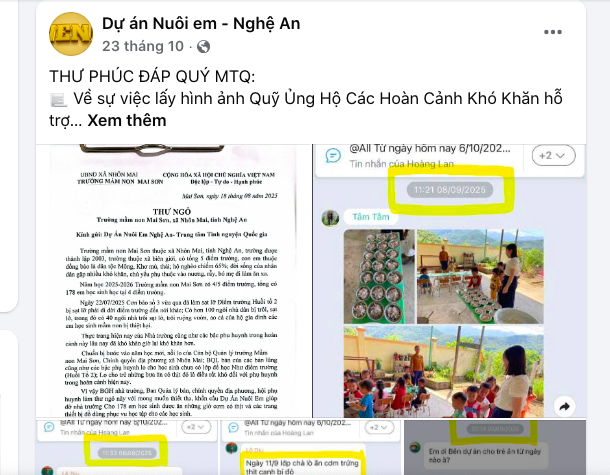 Dự án "Nuôi em Nghệ An" phúc đáp một số vấn đề nhà hảo tâm thắc mắc từ ngày 23-10.