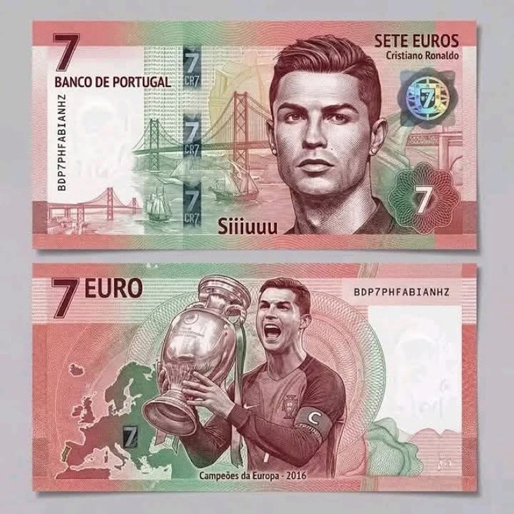 Tờ tiền mệnh giá 7 euro in hình Ronaldo lan truyền trên mạng xã hội