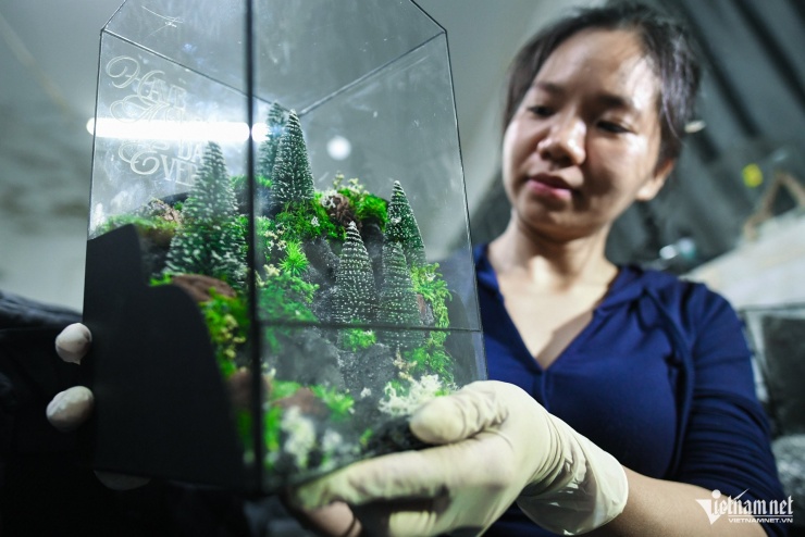 Sau khi tạo bố cục (layout) cho các hộp quà, nhân viên sản xuất sử dụng các loại cây, hoa được sấy khô: rêu trắc bá, rêu cushion, rễ cây hoàng cuông... để tạo dựng mô hình sống động bên trong. Các sản phẩm này sau khi hoàn thiện sẽ được định hình và đóng kín hoàn toàn.