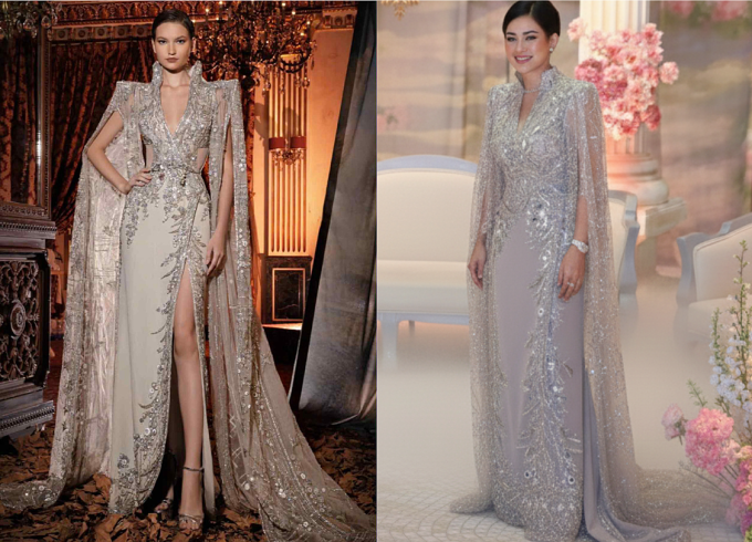 Thiết kế ban đầu (trái) được Thủy Tiên đặt làm lại, phù hợp với vóc dáng của chị.