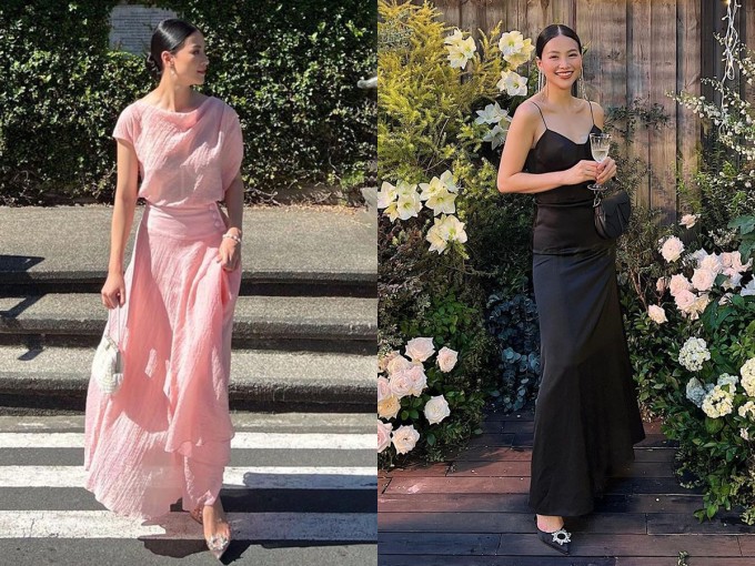 Phương Khánh khi dự cưới của Linh Rin hồi năm 2023 (váy hồng) và tại tiệc kỷ niệm 10 năm ngày cưới Tăng Thanh Hà hồi 2022.