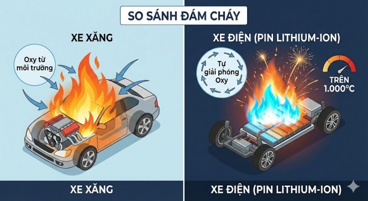 So sánh đám cháy xe điện và xe xăng. Nguồn: AI