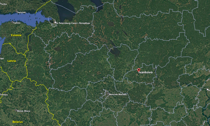 Vị trí làng Ivankovo (chấm đỏ). Đồ họa: Google Earth