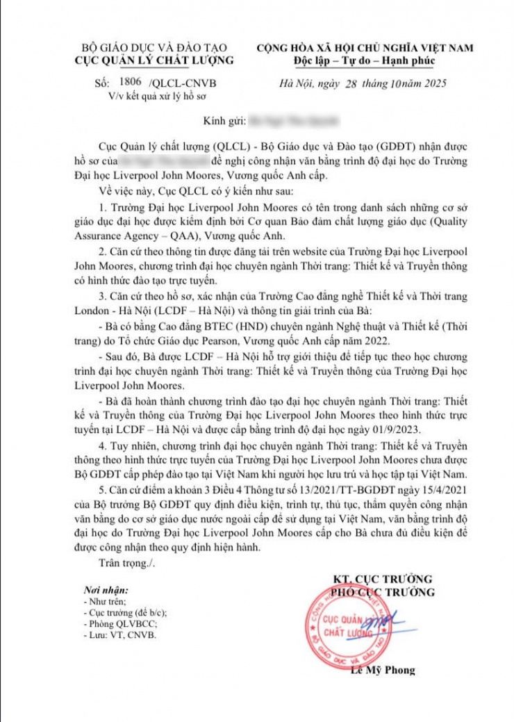 Cục Quản lý chất lượng, Bộ GD-ĐT phản hồi kết quả xử lý hồ sơ xác nhận văn bằng của B. Ảnh: NVCC