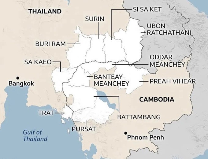 Các tỉnh biên giới giữa Thái Lan và Campuchia. Đồ họa: BBC