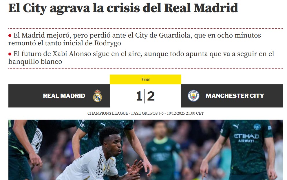 "City khiến Real Madrid lún sâu vào khủng hoảng", bài viết của Mundo Deportivo