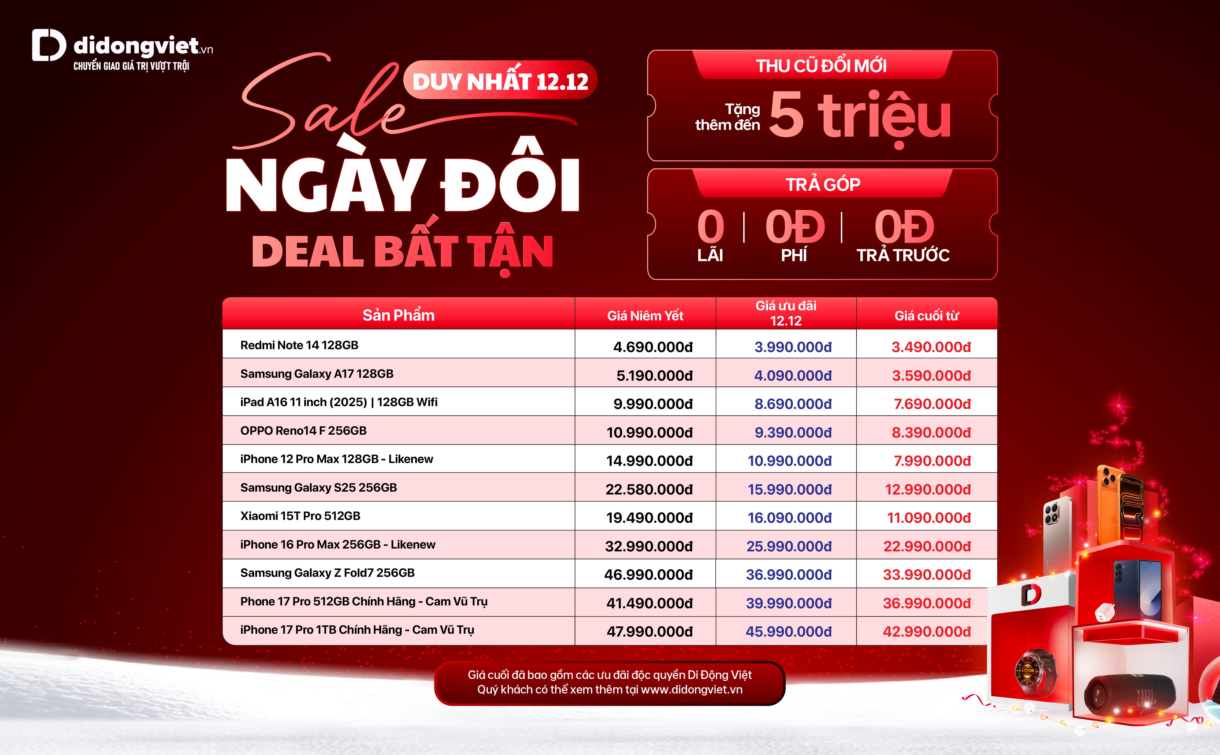 Bảng giá smartphone áp dụng trong chương trình sale đôi ngày 12/12 tại Di Động Việt.