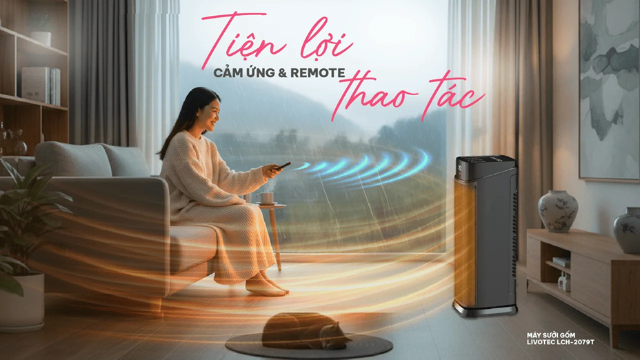 Máy sưởi gốm Livotec LCH-2079T với điều khiển remote thông minh cài đặt nhiệt độ tắt