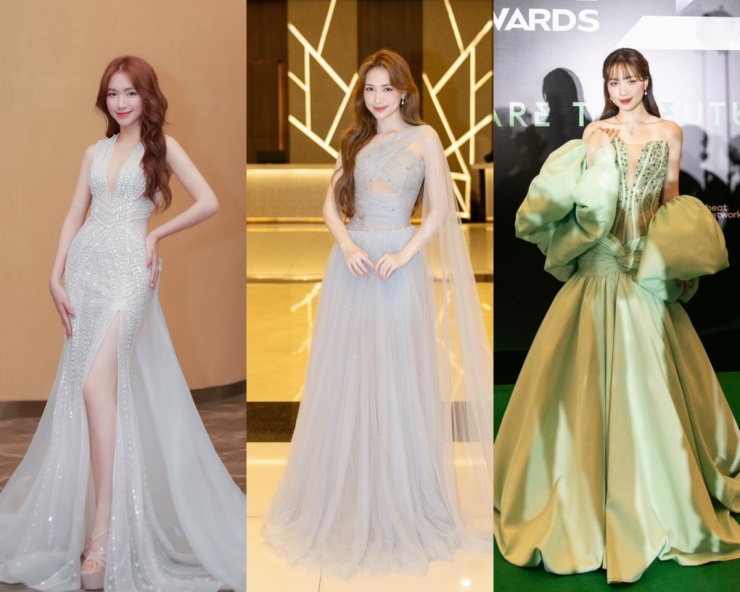 Đầm dạ hội bồng xòe, cut-out hay lệch vai thường nằm trong lựa chọn ưu tiên của Hòa Minzy.