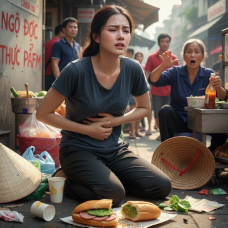 Các trường hợp nhập viện cùng 1 triệu chứng sốt, đau bụng, buồn nôn, tiêu chảy… sau khi sử dụng bánh mì mang thương hiệu H.V. (Ảnh AI)