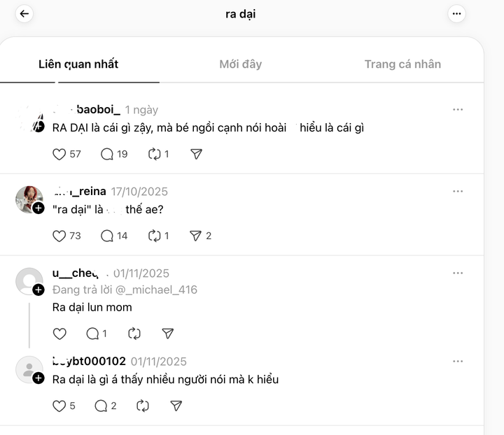 Từ "ra dại" xuất hiện nhiều trên mạng xã hội Threads.