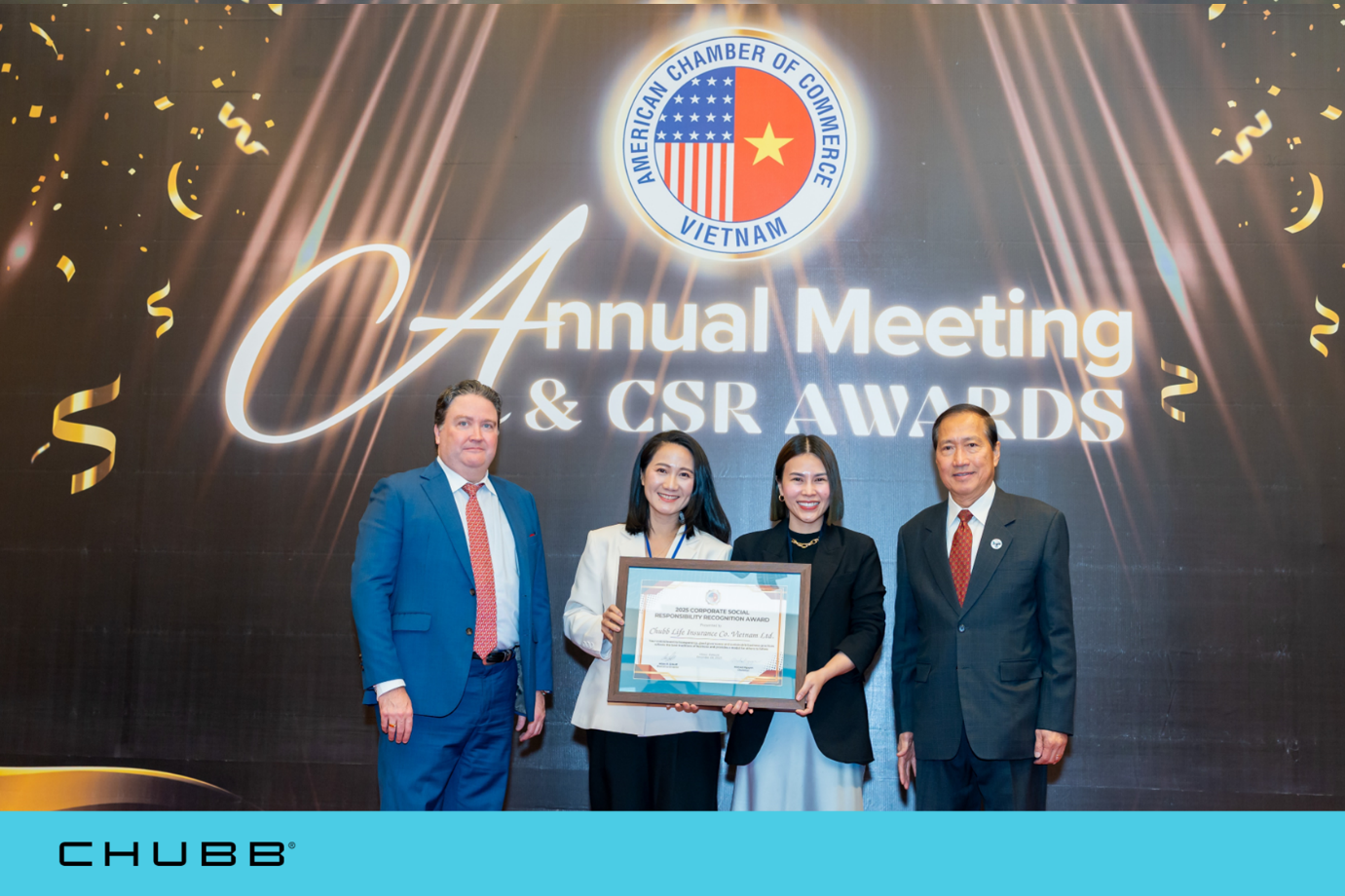 Chubb Life Việt Nam được AmCham trao tặng Giải thưởng Ghi nhận Trách nhiệm Xã hội Doanh nghiệp (CSR Recognition Award) 2025, ghi nhận cam kết minh bạch, quản trị tốt và phát triển bền vững trong suốt quá trình hoạt động tại Việt Nam.