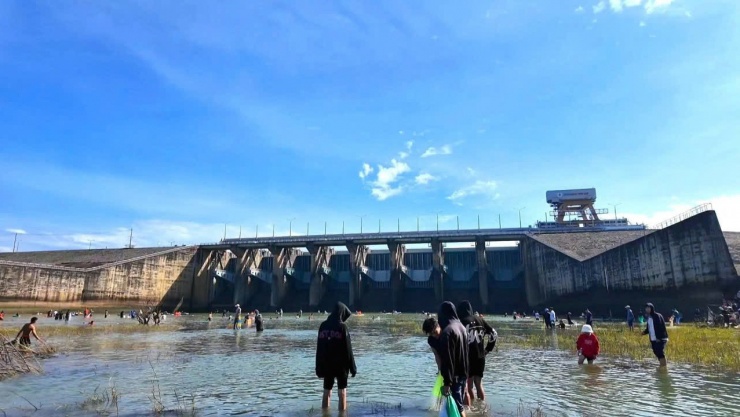 Nhiều người tập trung bắt cá sau khi Nhà máy thủy điện ngưng xả tràn