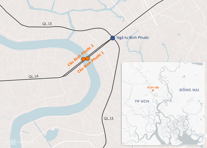 Hướng tuyến cầu Bình Phước 1 và 2. Đồ hoạ: Khánh Hoàng