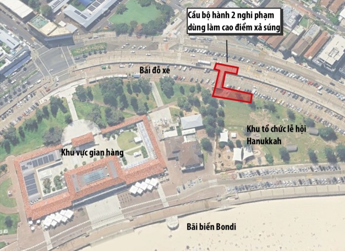 Vị trí vụ xả súng ở bãi biển Bondi, Sydney, ngày 14/12. Đồ họa: Guardian