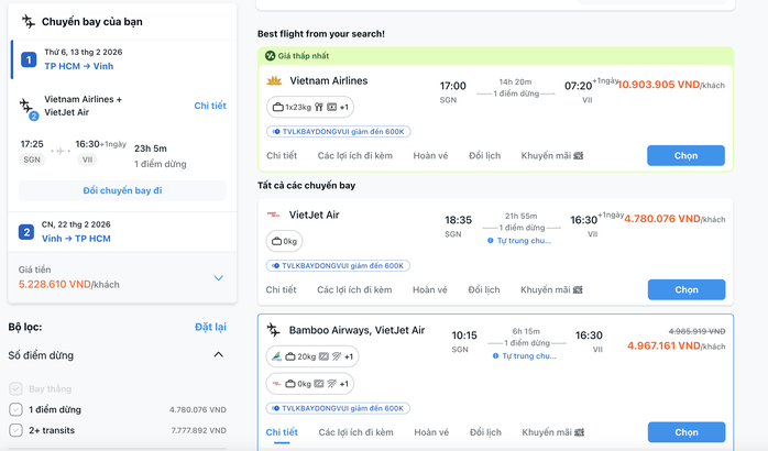 Chặng giữa TPHCM - Vinh các ngày cao điểm dịp Tết đang không còn vé bay thẳng, phải bay nối chuyến với thời gian dài
