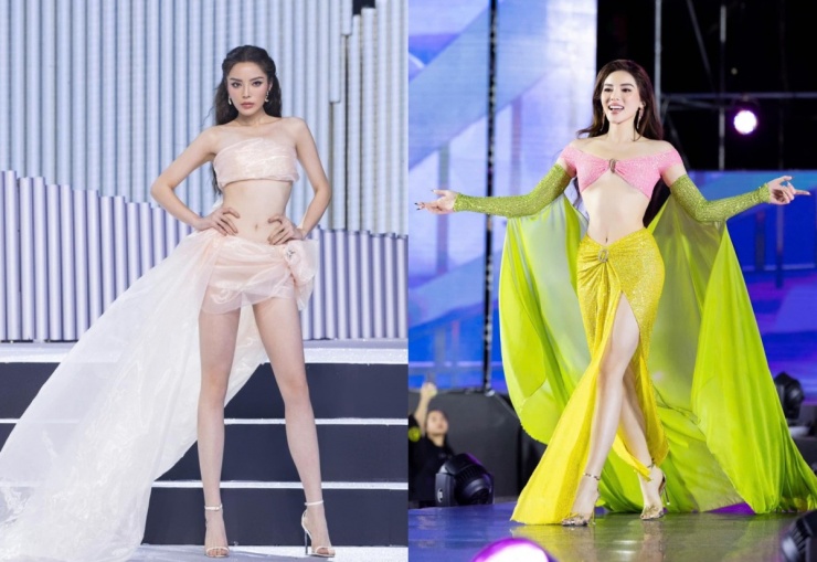 Kỳ Duyên mặc tôn hình thể với trang phục voan bóng và ánh kim trên sân khấu Miss Universe Vietnam 2024 trong vai trò thí sinh. Trang phục giúp người đẹp khoe đôi chân dài, vòng eo 59 cm.