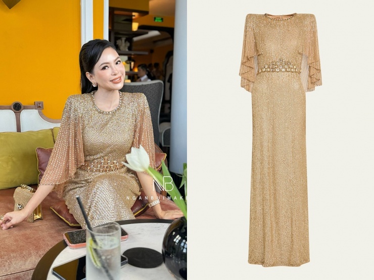 Mẫu đầm mà doanh nhân Thủy Tiên diện của Jenny Packham giá khoảng 5.000 USD (khoảng 130 triệu đồng). Thiết kế với các điểm nhấn như chi tiết độn cầu vai, tay cape, chi tiết đính đá ở eo.