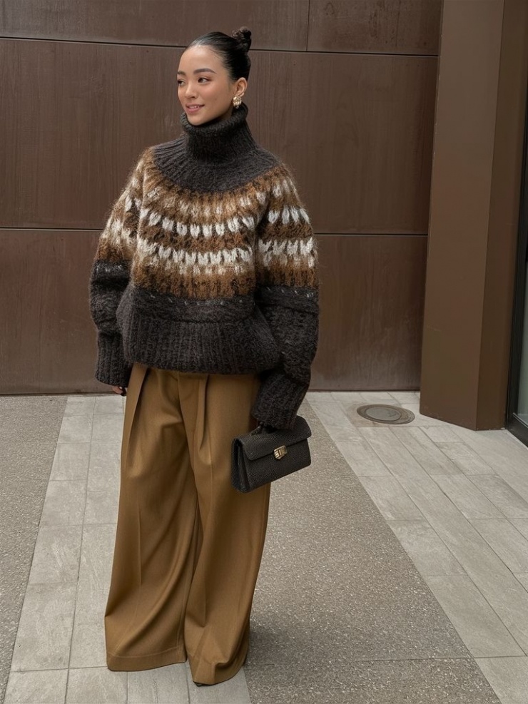 Một trong những cách mặc đẹp được nhiều cô gái công sở lựa chọn là kết hợp áo len cổ lọ màu trầm và quần vải ống rộng cùng tông.