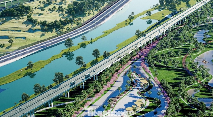 Trục đường bộ được thiết kế lưu thông hai chiều, với mặt cắt ngang 6 làn xe (mỗi bên 3 làn), xây dựng theo tiêu chuẩn cao tốc.