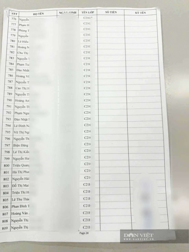 Theo sinh viên, nhà trường đưa tờ giấy ghi tên tuổi, ngày tháng năm sinh, lớp và yêu cầu ký tên, tuy nhiên, phần số tiền để trống. Ảnh: NVCC