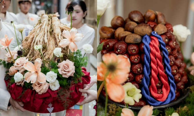 Tráp ăn hỏi nhân sâm, táo tàu, được gói theo phong cách bojagi.