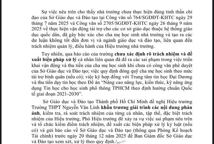 Sở GD-ĐT TPHCM đề nghị Hiệu trưởng Trường THPT Nguyễn Văn Linh khẩn trương giải trình các nội dung phản ánh; kiểm tra, rà soát trách nhiệm của từng cá nhân, tập thể