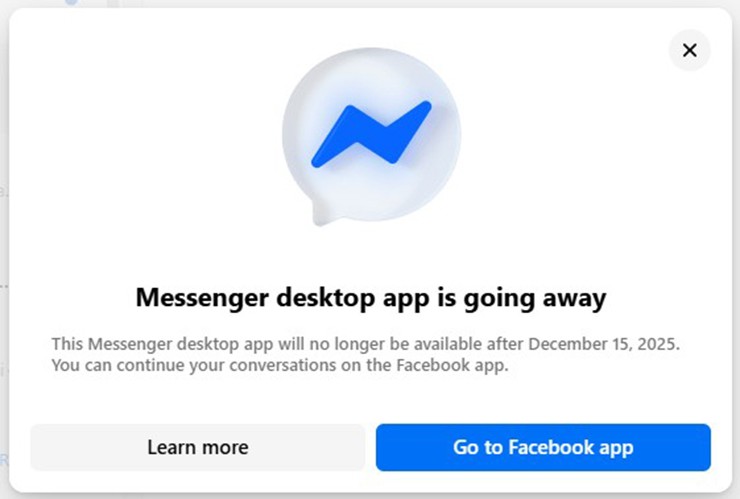 Việc sử dụng ứng dụng sẽ được đưa đến trang Messenger.com.