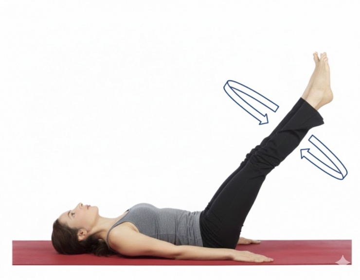 Động tác 1 - Leg Circles: Kích hoạt vùng hông và đùi trong bằng những vòng xoay chân.