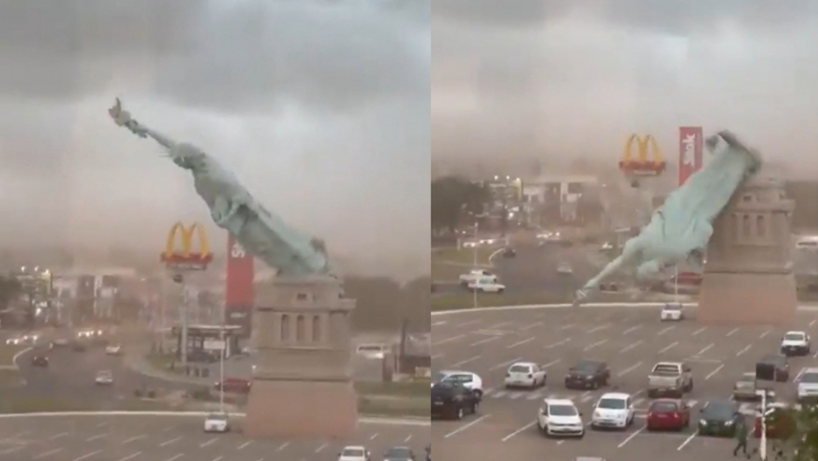 Một bức tượng “Nữ thần Tự do” bản sao, cao khoảng 24m, sụp đổ trong cơn bão dữ dội quét qua miền Nam Brazil.