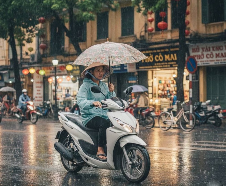 Cầm theo ô (dù) khi đi xe máy tiềm ẩn nhiều hiểm nguy, đồng thời có thể bị phạt nặng. Ảnh minh hoạ tạo bởi AI