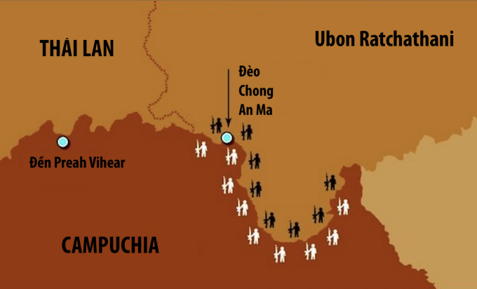 Vị trí đèo Chong An Ma giữa Thái Lan và Campuchia. Đồ họa: Bangkok Post