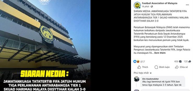 Trang Facebook của FAM ra thông báo về vụ FIFA phạt mới nhất