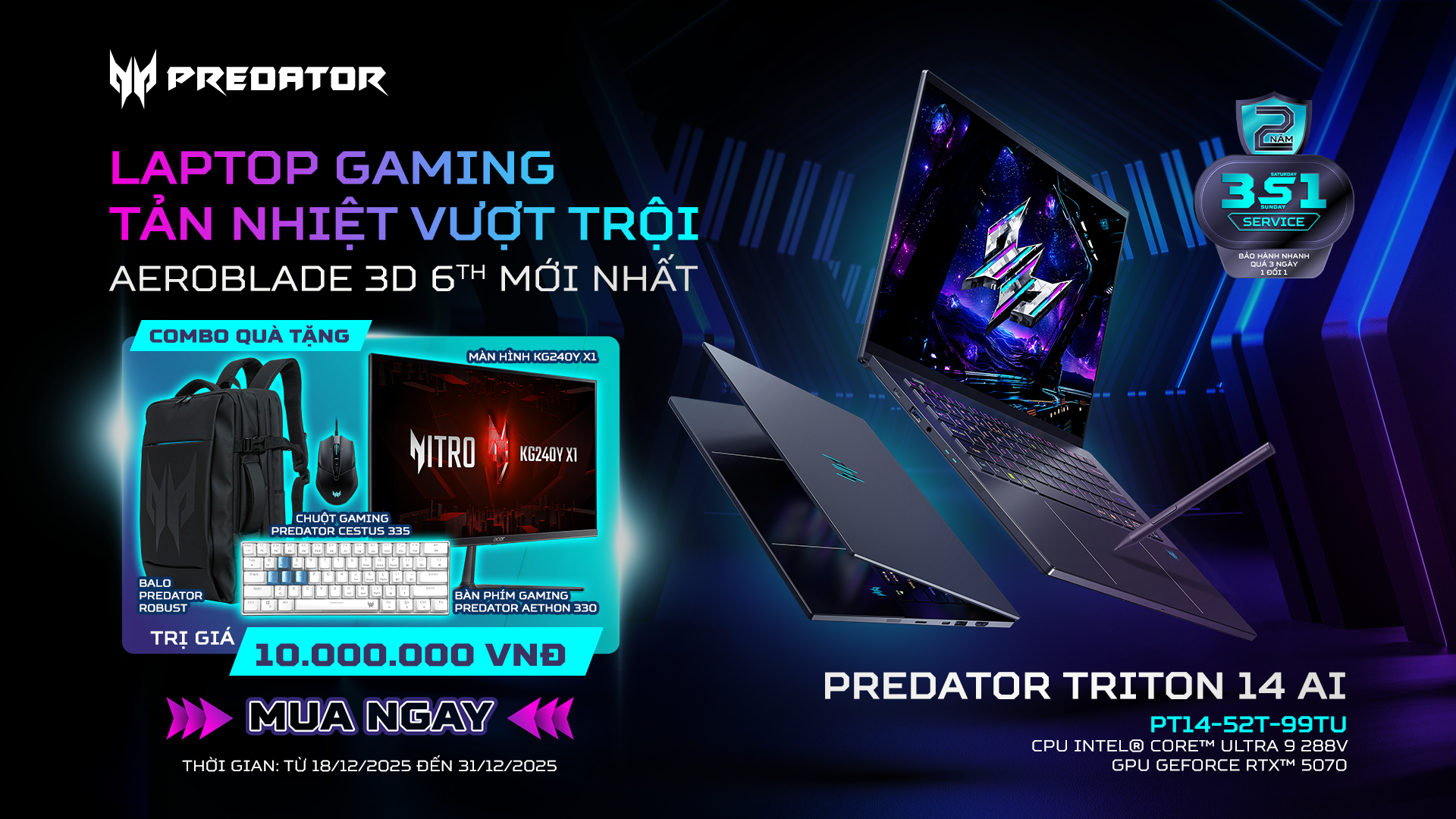 Predator Triton 14 AI - Laptop gaming cao cấp với vật liệu tản nhiệt Graphene TIM kết hợp card đồ họa RTX 5070 - 4