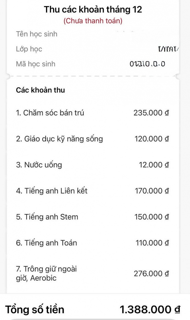 Chị Thanh chia sẻ các khoản thu tháng 12/2025 trong đó có tới 4 chương trình liên kết của con học lớp 1. (ảnh: Phụ huynh cung cấp)