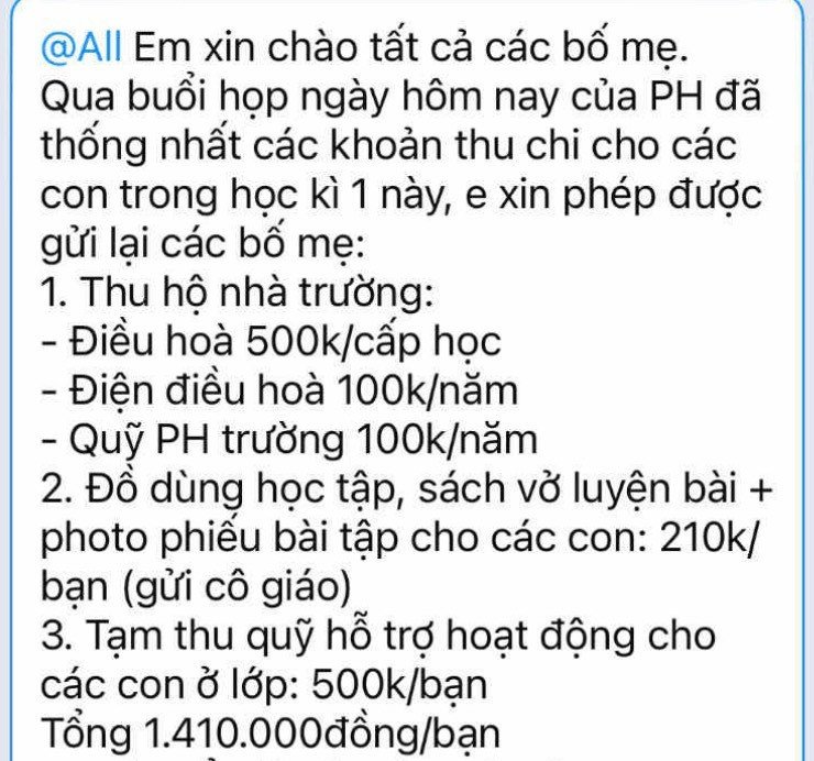 Đầu năm học, thông qua hội cha mẹ học sinh, phụ huynh đã phải đóng cả tiền điều hòa, điện điều hòa 600 nghìn/em. (ảnh: Phụ huynh cung cấp)