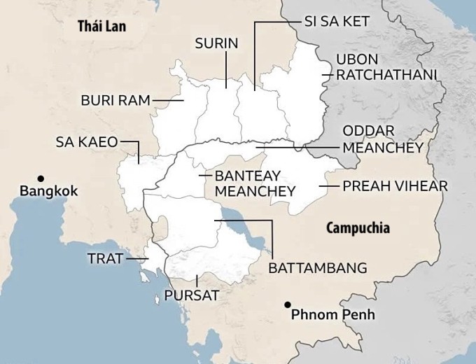 Vị trí tỉnh Trat của Thái Lan và tỉnh Pursat của Campuchia. Đồ họa: BBC