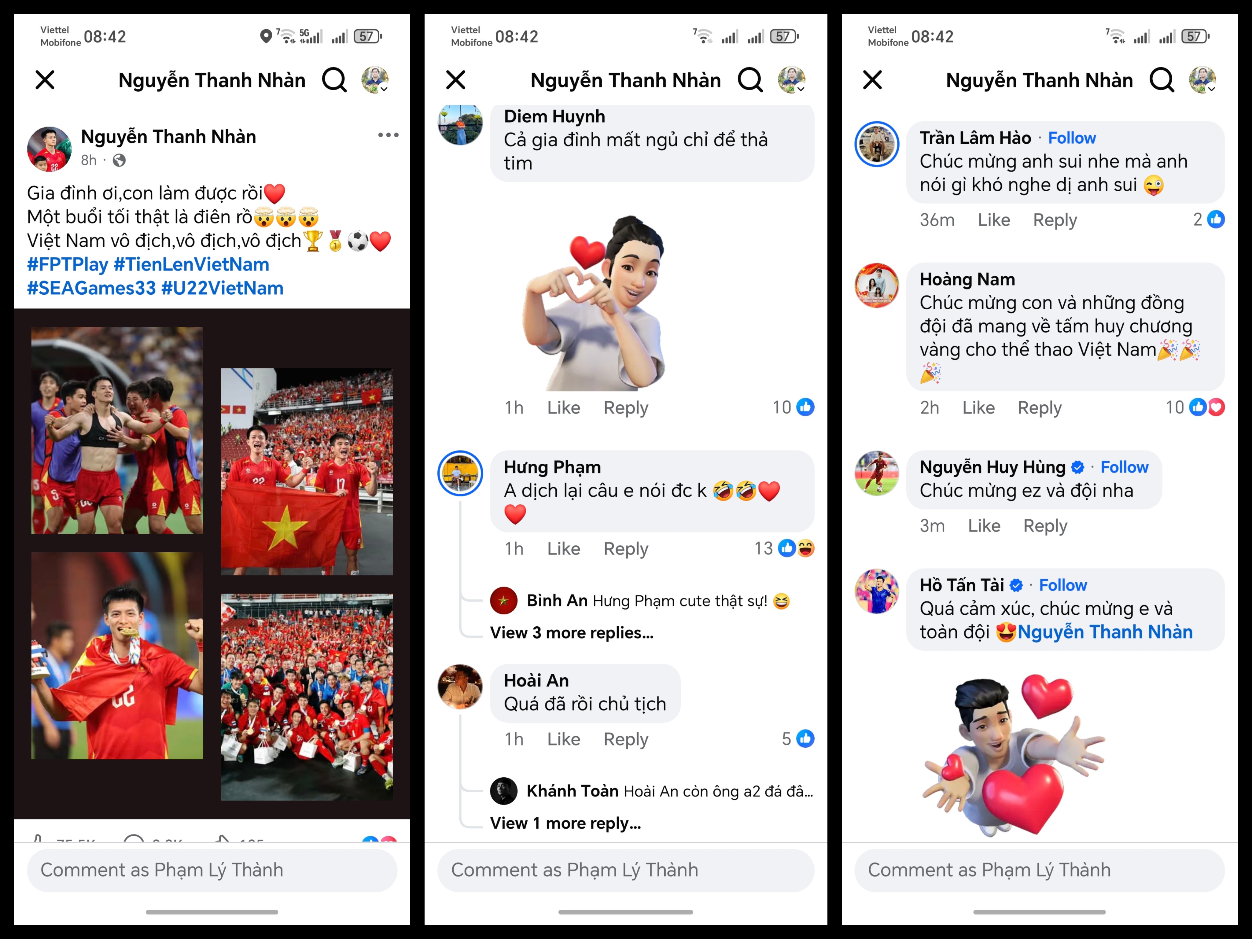 &nbsp;Bài đăng của Thanh Nhàn và một số bình luận chúc mừng.