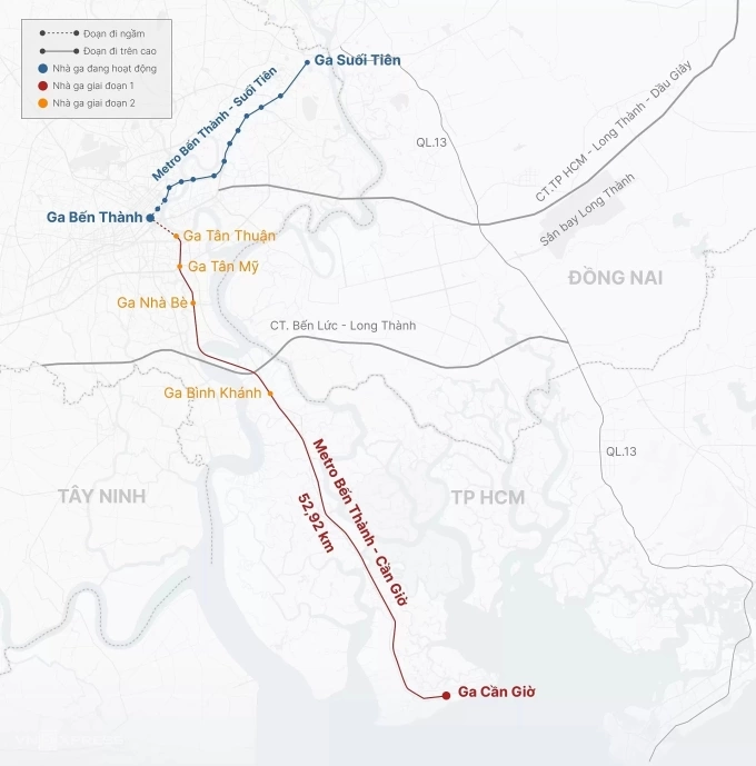 Hướng tuyến metro Bến Thành - Cần Giờ. Đồ họa:&nbsp;Khánh Hoàng
