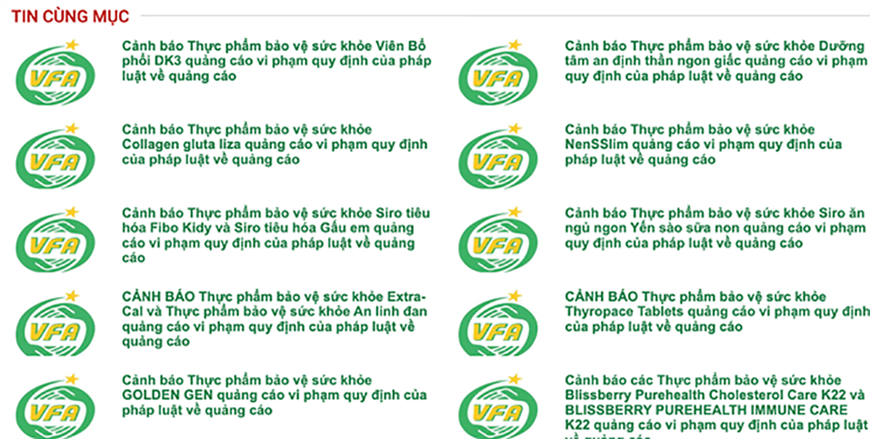 Thông báo cảnh báo và yêu cầu thu hồi một số sản phẩm thực phẩm bảo vệ sức khỏe của Cục An toàn thực phẩm (Bộ Y tế), nhằm ngăn chặn các sản phẩm vi phạm quy định về chất lượng và quảng cáo lưu hành trên thị trường.