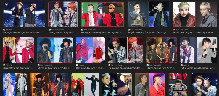 Với thao tác tìm kiếm đơn giản, không khó tìm thấy hàng trăm bài viết về sự giống nhau giữa Sơn Tùng M-TP và G-Dragon. Ảnh: Chụp màn hình&nbsp;