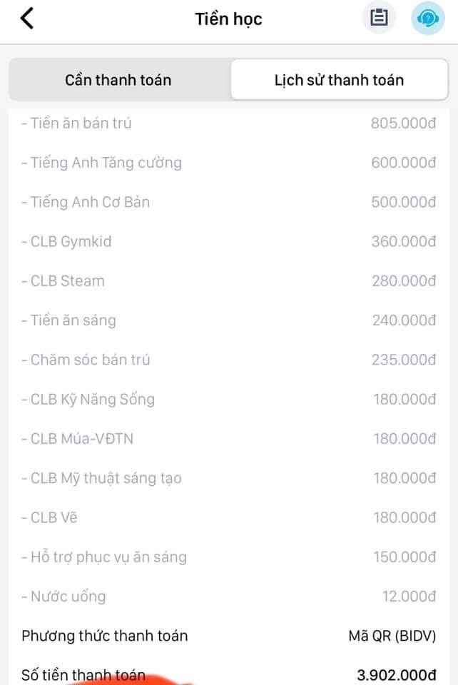 Các khoản thu một tháng của con anh Hoàn. (ảnh: Phụ huynh cung cấp)